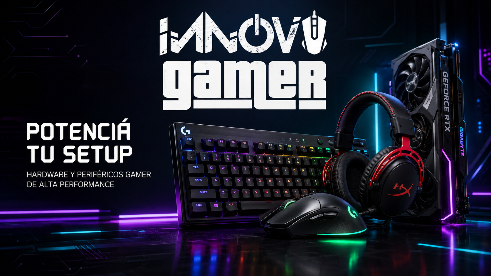 Innova Gamer — setup gamer premium con teclado, mouse, auriculares y placa de video RTX